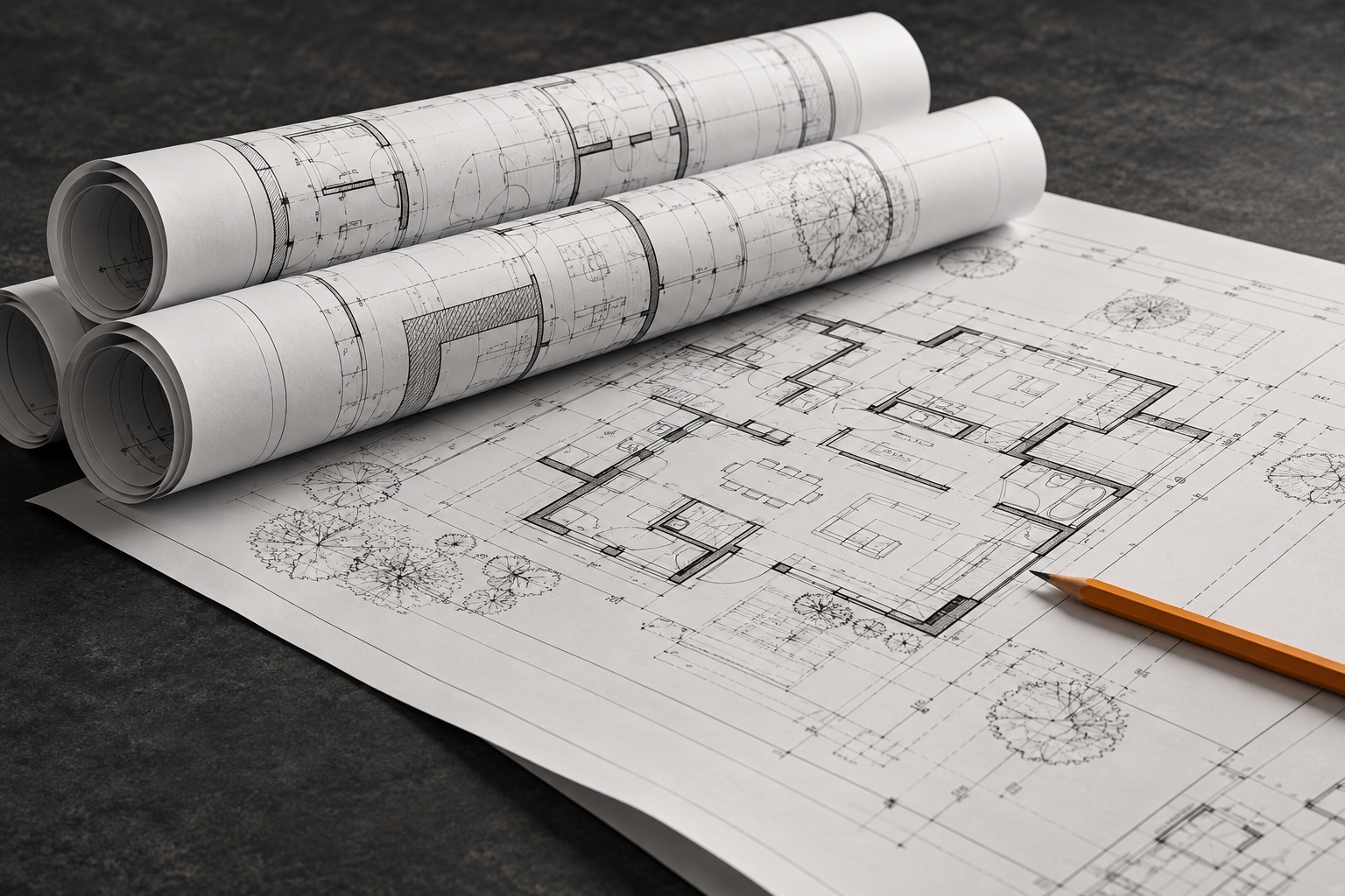 Rolled architectural drawings and stacked construction plans on a charcoal work surface